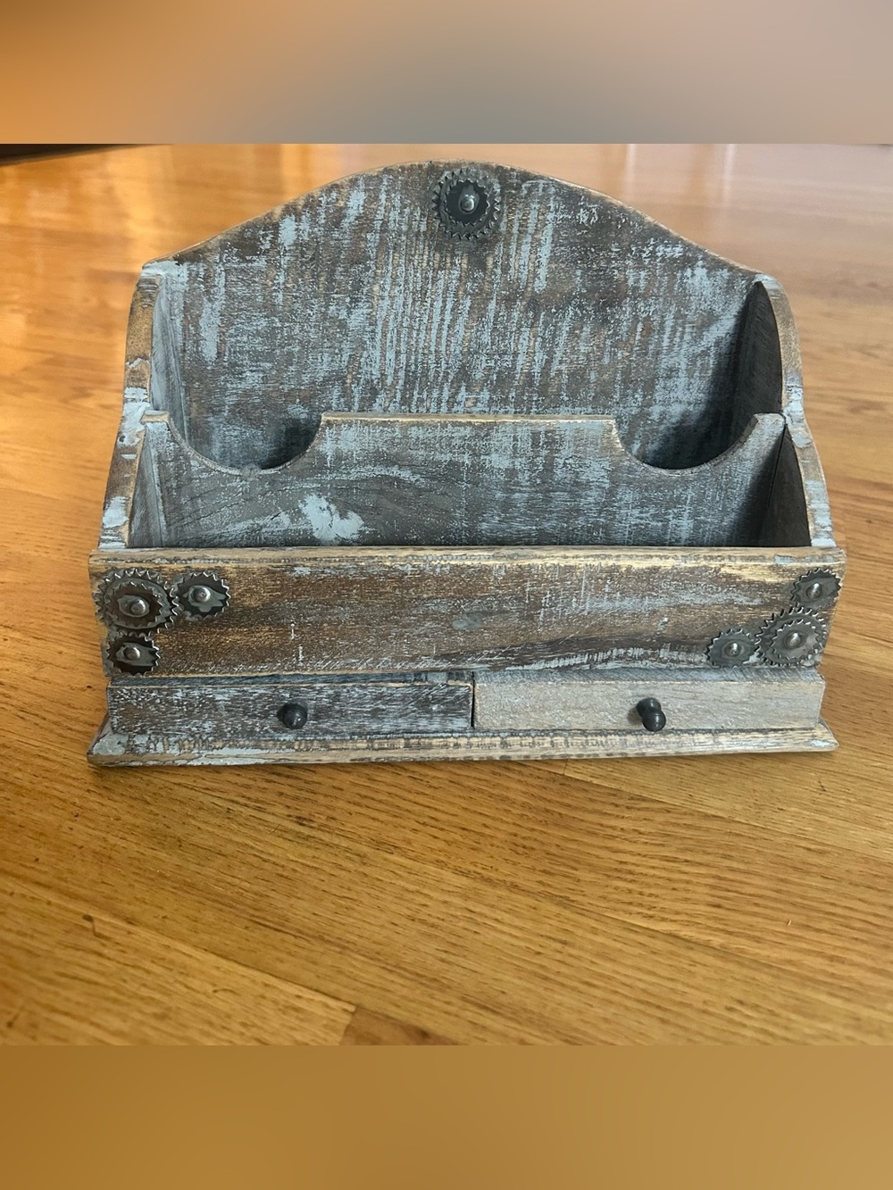 Rustic Distressed Gear-shaped Metal accents Wood Desktop Mail  Letter Organizer